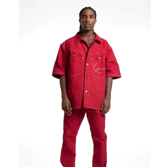 Karl Kani Vintage 90's Denim Short Sleeve Button Down Shirt Size Small Red - Picture 2 of 12